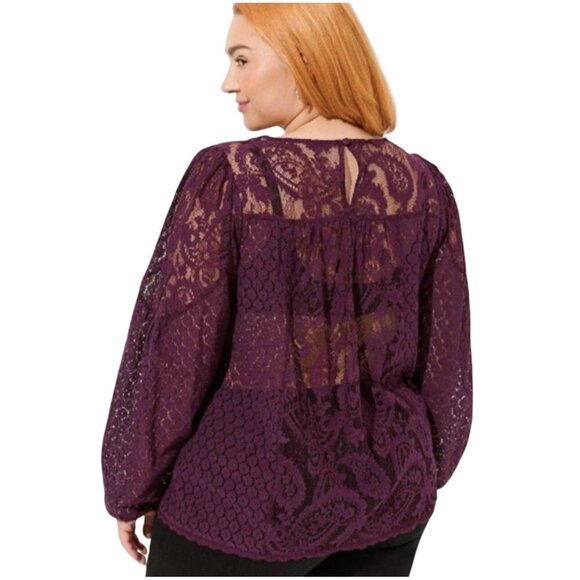 Torrid Womens Sze 2X Lace Mix Long Sleeve Top Blouse Burgandy Sheer V Neck- NEW - Picture 2 of 14